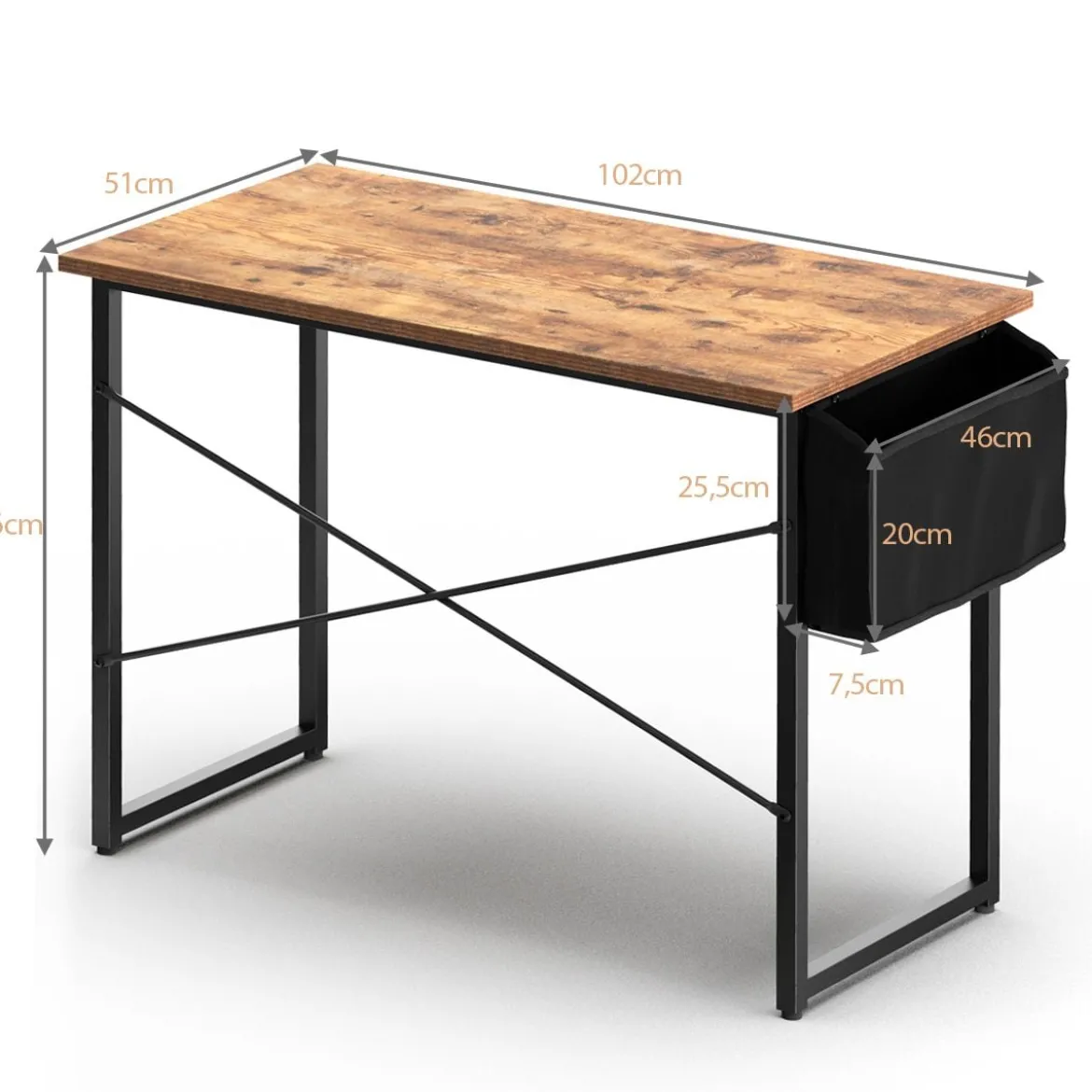 Computertisch mit Aufbewahrungsbeutel Schreibtisch aus Holz 102 X 51 X 76 cm (Rustikales Braun, M)