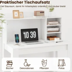 Computertisch mit Aufsatzschrank Bürotisch mit Steckdosen & Kabeldurchführung moderner Schminktisch-Schreibtisch Weiß