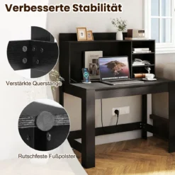 Computertisch mit Aufsatzschrank Bürotisch mit Steckdosen & Kabeldurchführung moderner Schminktisch-Schreibtisch Schwarz