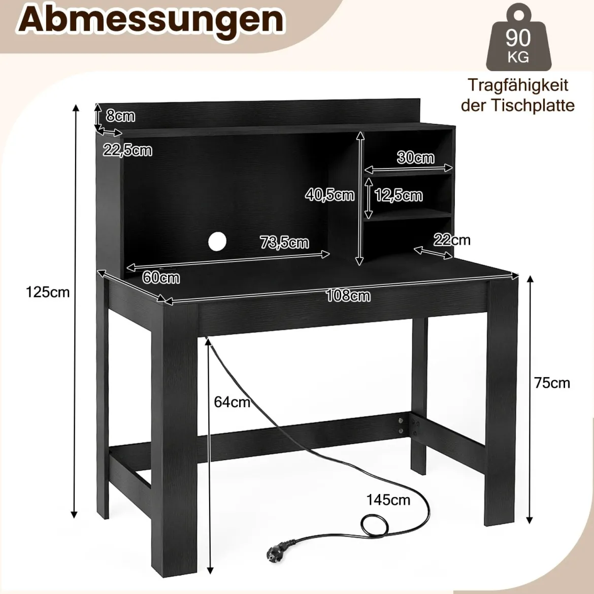 Computertisch mit Aufsatzschrank Bürotisch mit Steckdosen & Kabeldurchführung moderner Schminktisch-Schreibtisch Schwarz
