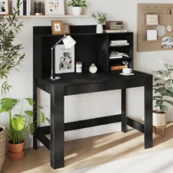 Computertisch mit Aufsatzschrank Bürotisch mit Steckdosen & Kabeldurchführung moderner Schminktisch-Schreibtisch Schwarz