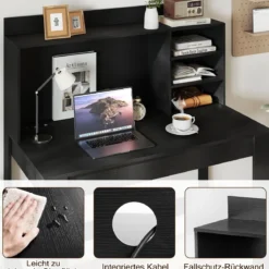 Computertisch mit Aufsatzschrank Bürotisch mit Steckdosen & Kabeldurchführung moderner Schminktisch-Schreibtisch Schwarz