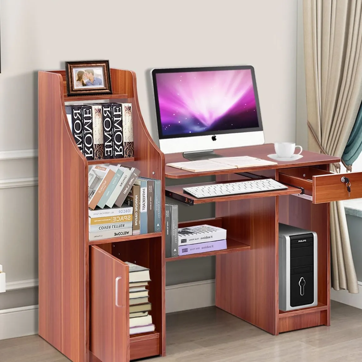 Computertisch mit Bücherregal Holzschreibtisch mit Ablagefächern und Schrank moderner Arbeitsplatz Schreibtisch für Arbeitszimmer Büro