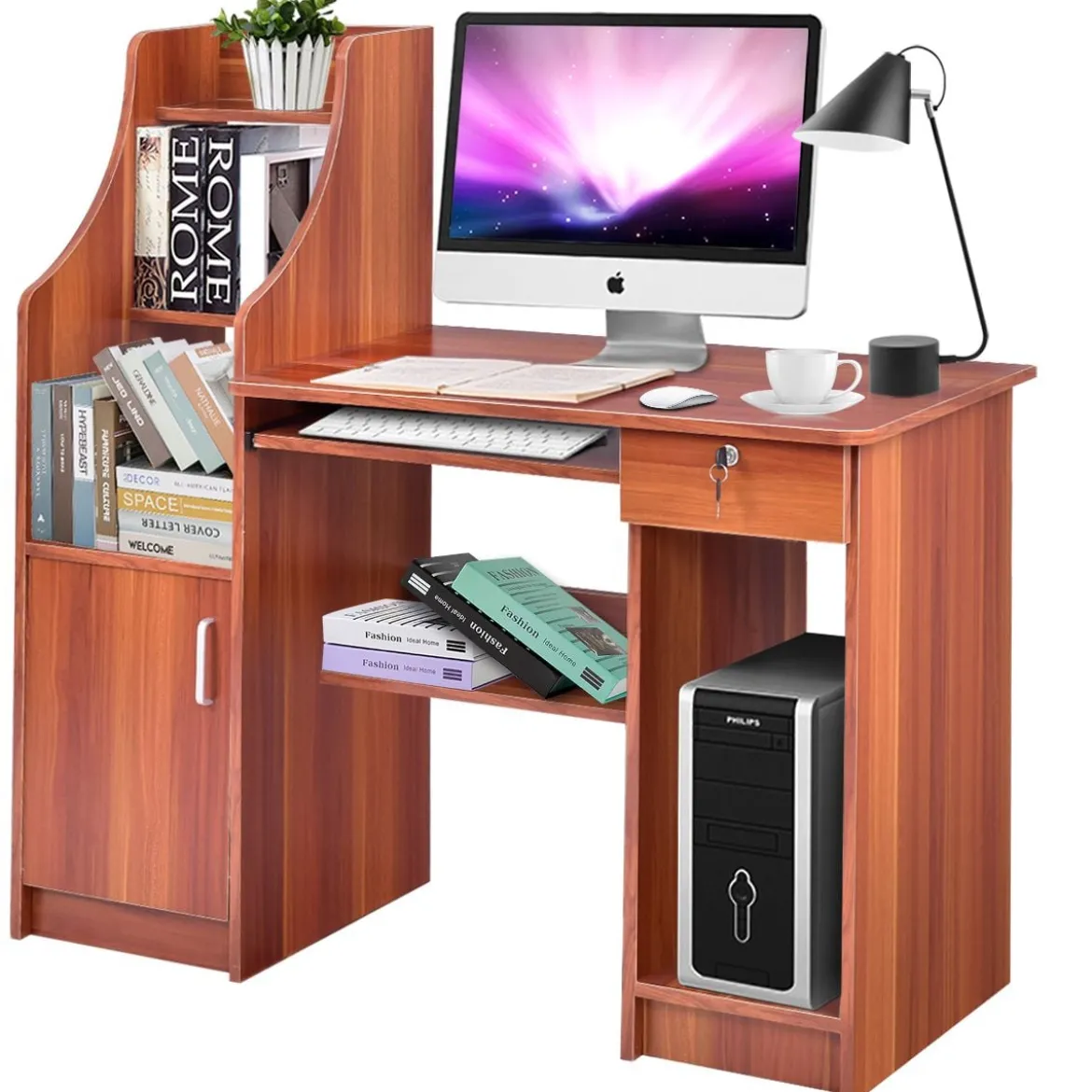 Computertisch mit Bücherregal Holzschreibtisch mit Ablagefächern und Schrank moderner Arbeitsplatz Schreibtisch für Arbeitszimmer Büro