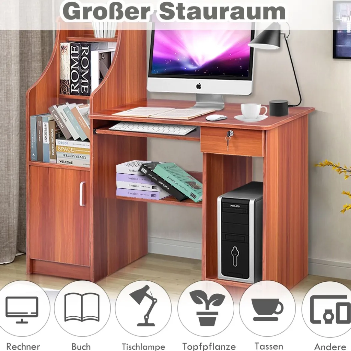 Computertisch mit Bücherregal Holzschreibtisch mit Ablagefächern und Schrank moderner Arbeitsplatz Schreibtisch für Arbeitszimmer Büro