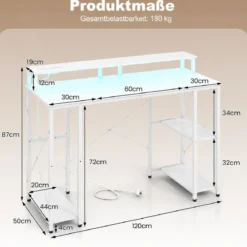 Computertisch mit LED-Beleuchtung Steckdosen & Monitorständer 120 x 50 x 87 cm