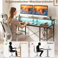 Computertisch mit LED-Beleuchtung Steckdosen & Monitorständer 120 x 50 x 87 cm