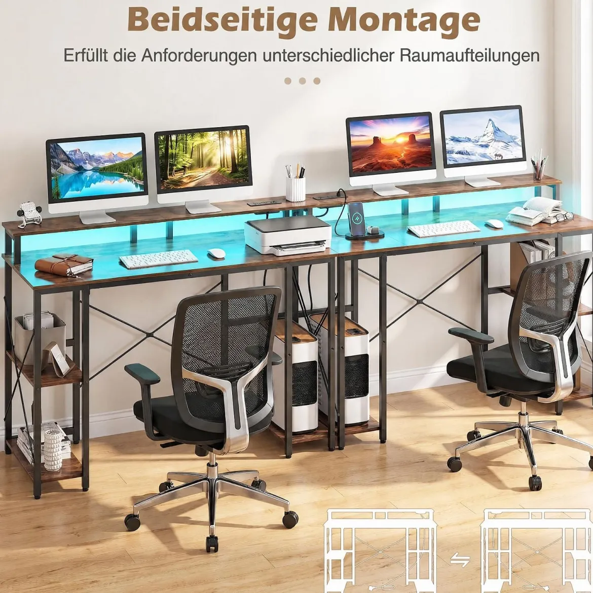 Computertisch mit LED-Beleuchtung Steckdosen & Monitorständer 120 x 50 x 87 cm