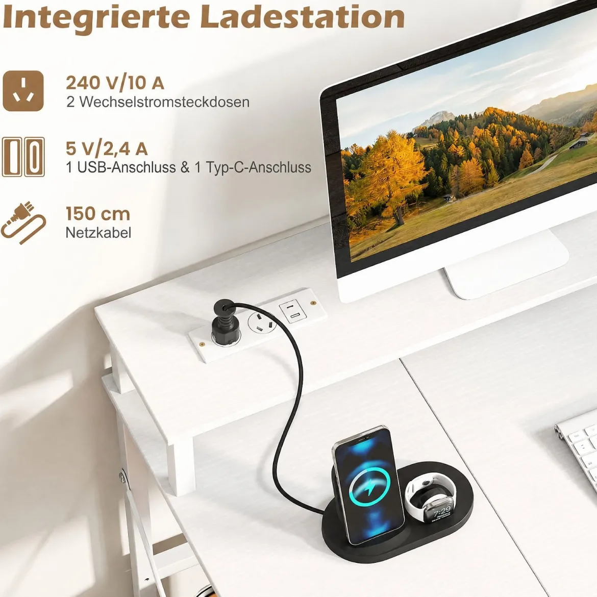 Computertisch mit LED-Beleuchtung Steckdosen & Monitorständer 120 x 50 x 87 cm