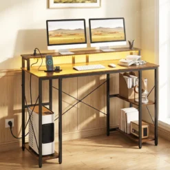 Computertisch mit LED-Beleuchtung Steckdosen & Monitorständer 120 x 50 x 87 cm