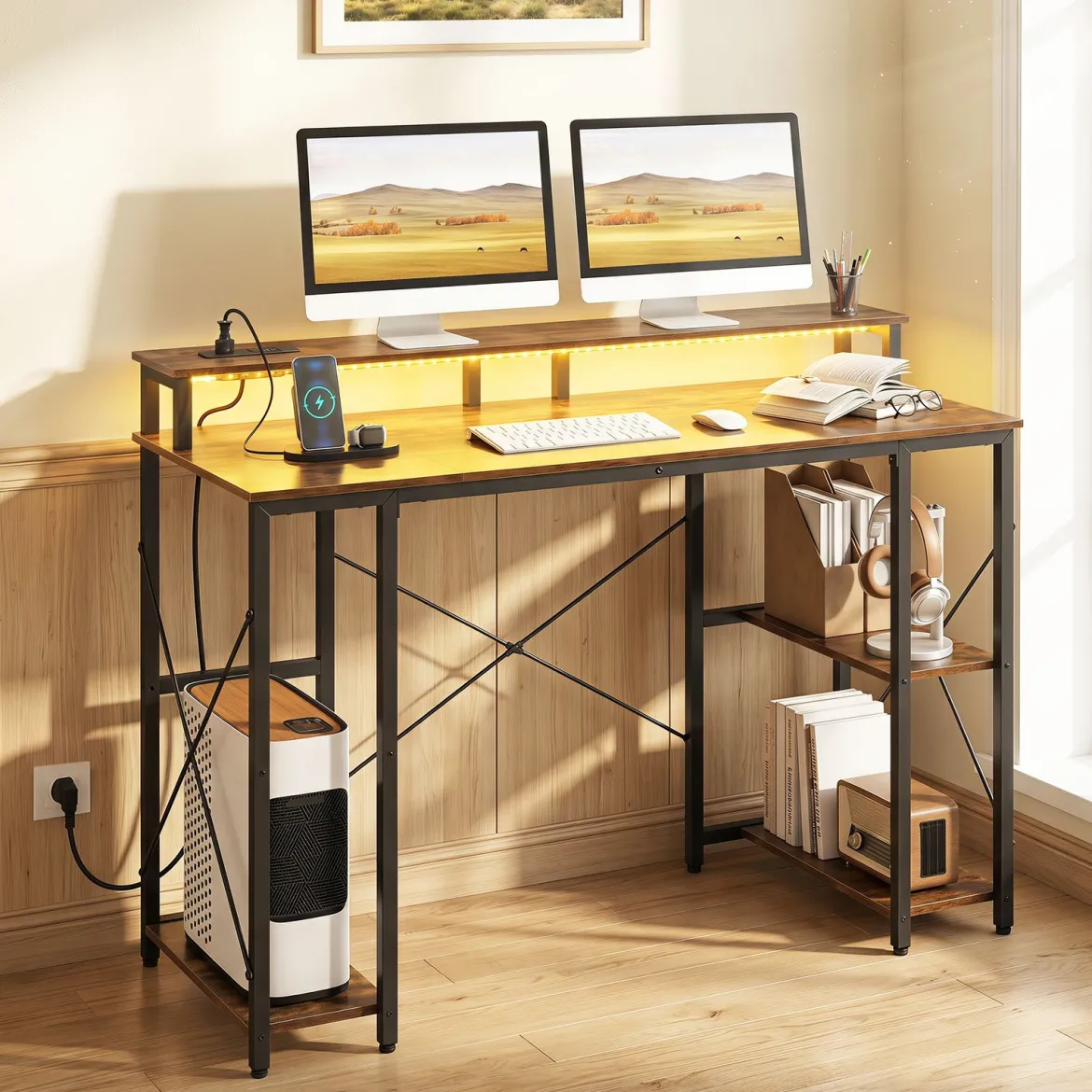 Computertisch mit LED-Beleuchtung Steckdosen & Monitorständer 120 x 50 x 87 cm