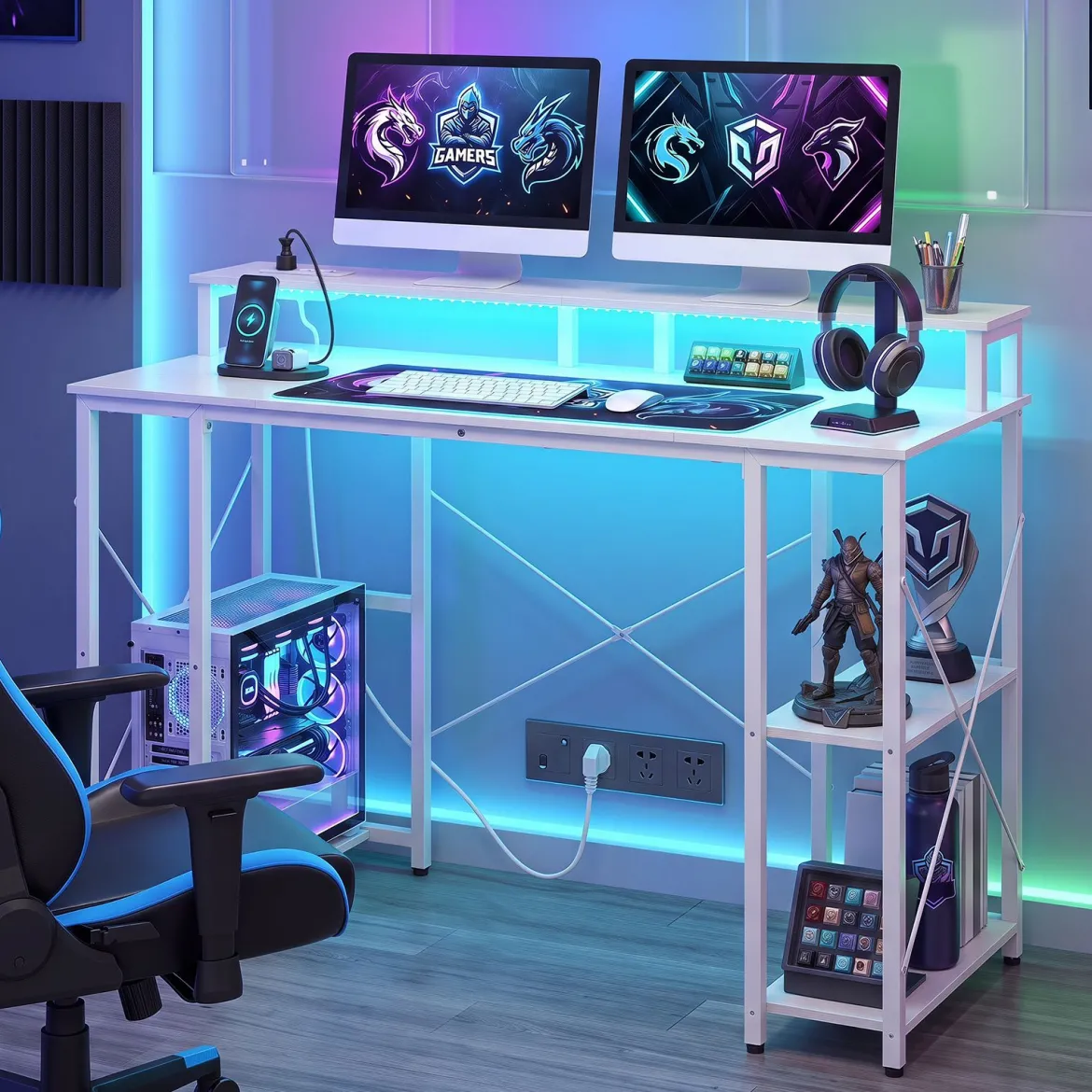 Computertisch mit LED-Beleuchtung Steckdosen & Monitorständer 120 x 50 x 87 cm
