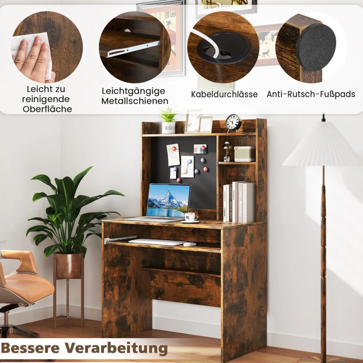 Computertisch mit magnetischer Pinnwand Home-Office-Schreibtisch mit Aufsatz und Tastaturablage Braun
