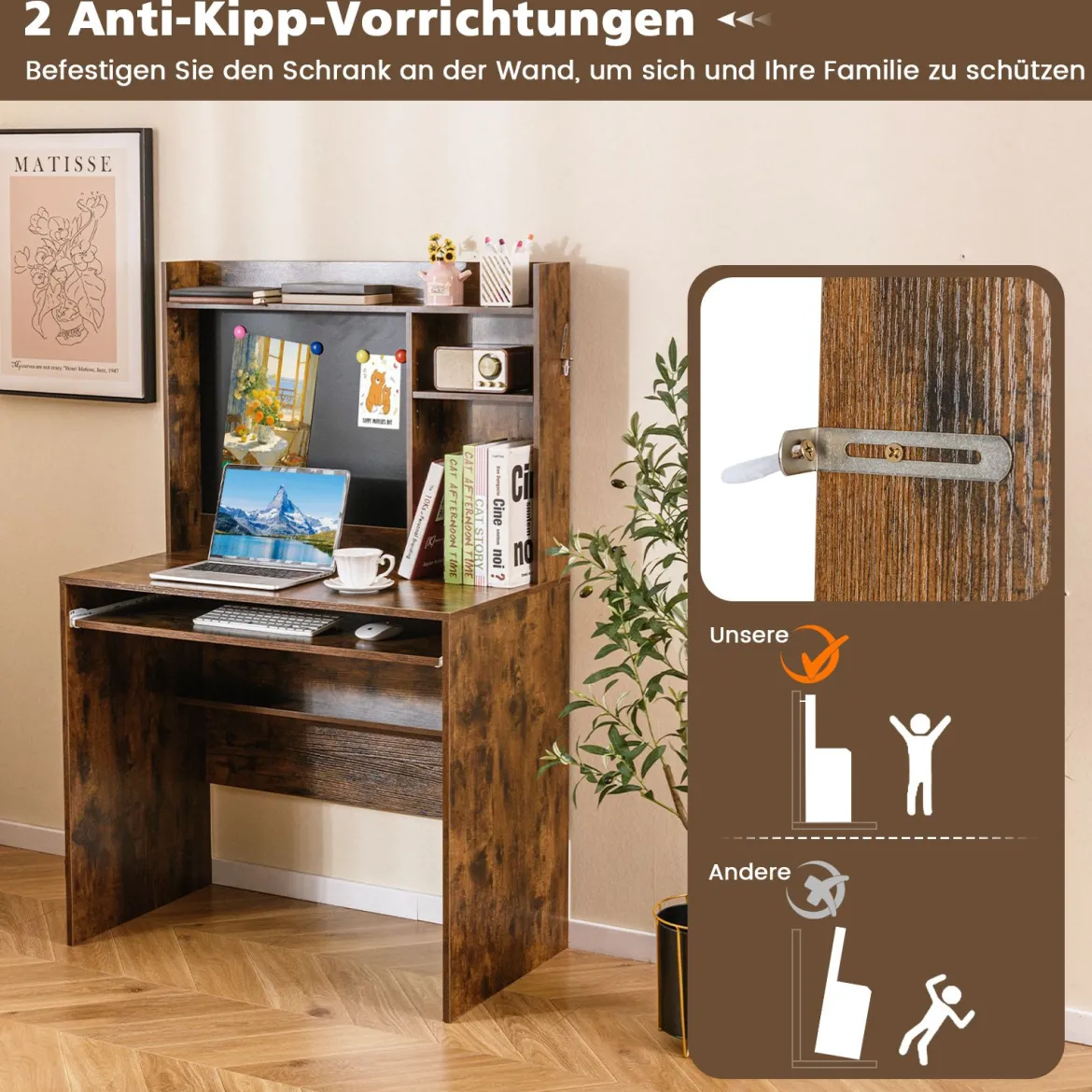 Computertisch mit magnetischer Pinnwand Home-Office-Schreibtisch mit Aufsatz und Tastaturablage Braun