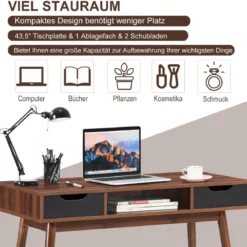 Computertisch mit Massivholzbeinen Stilvoller Tisch mit 2 Schubladen und offenem Regal Braun