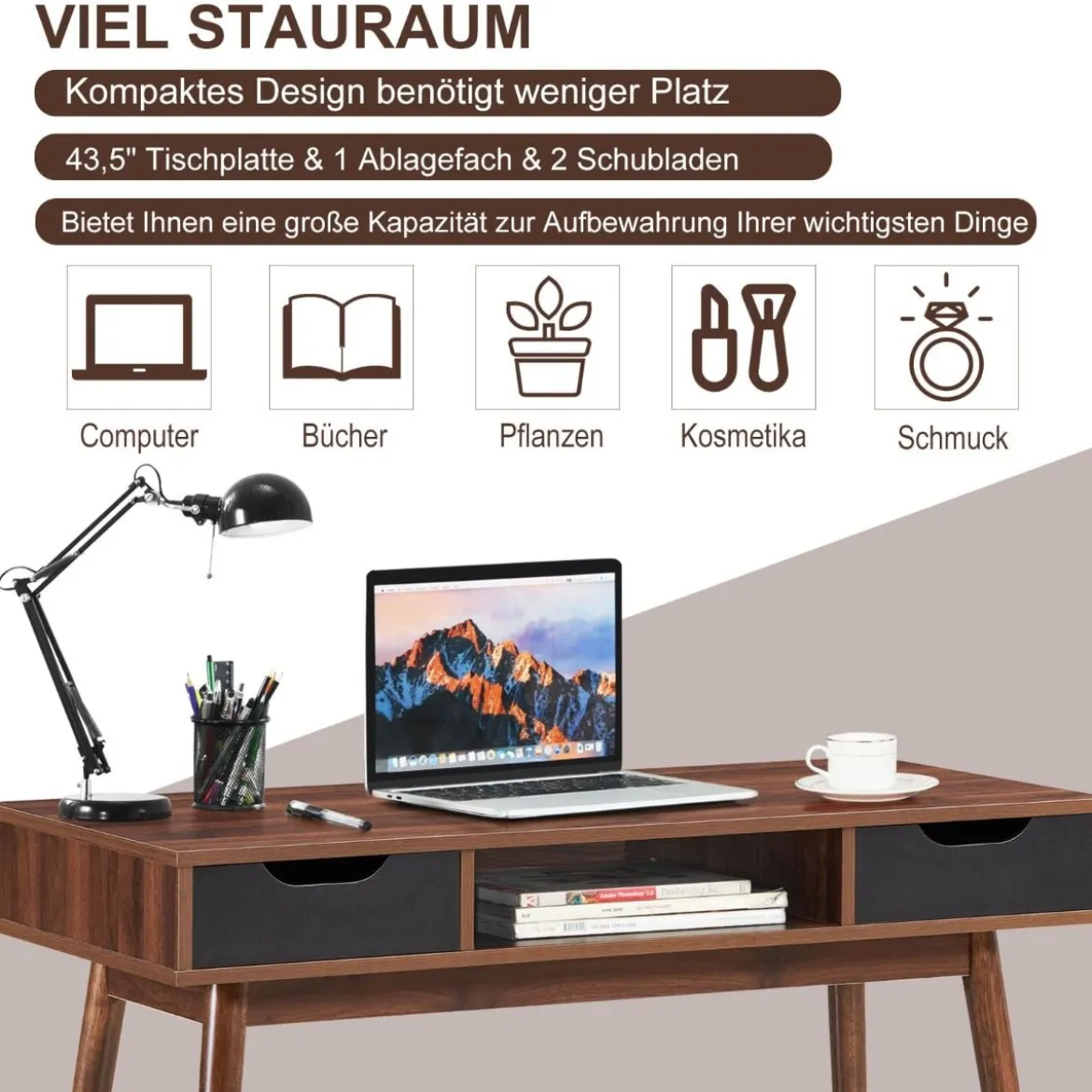 Computertisch mit Massivholzbeinen Stilvoller Tisch mit 2 Schubladen und offenem Regal Braun