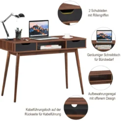 Computertisch mit Massivholzbeinen Stilvoller Tisch mit 2 Schubladen und offenem Regal Braun