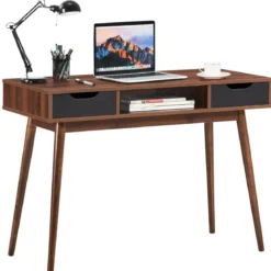 Computertisch mit Massivholzbeinen Stilvoller Tisch mit 2 Schubladen und offenem Regal Braun