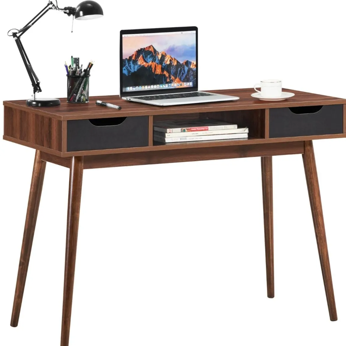 Computertisch mit Massivholzbeinen Stilvoller Tisch mit 2 Schubladen und offenem Regal Braun