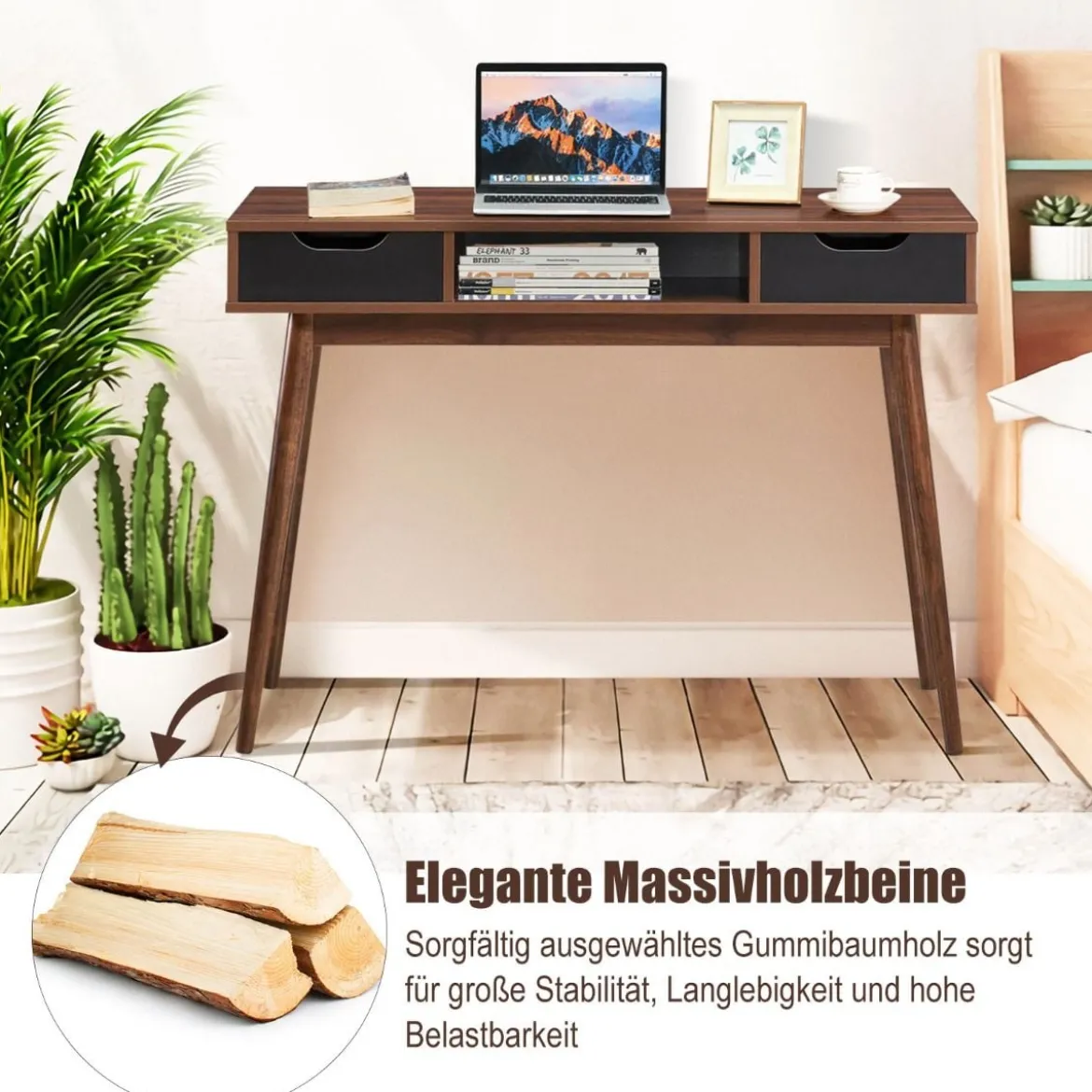 Computertisch mit Massivholzbeinen Stilvoller Tisch mit 2 Schubladen und offenem Regal Braun