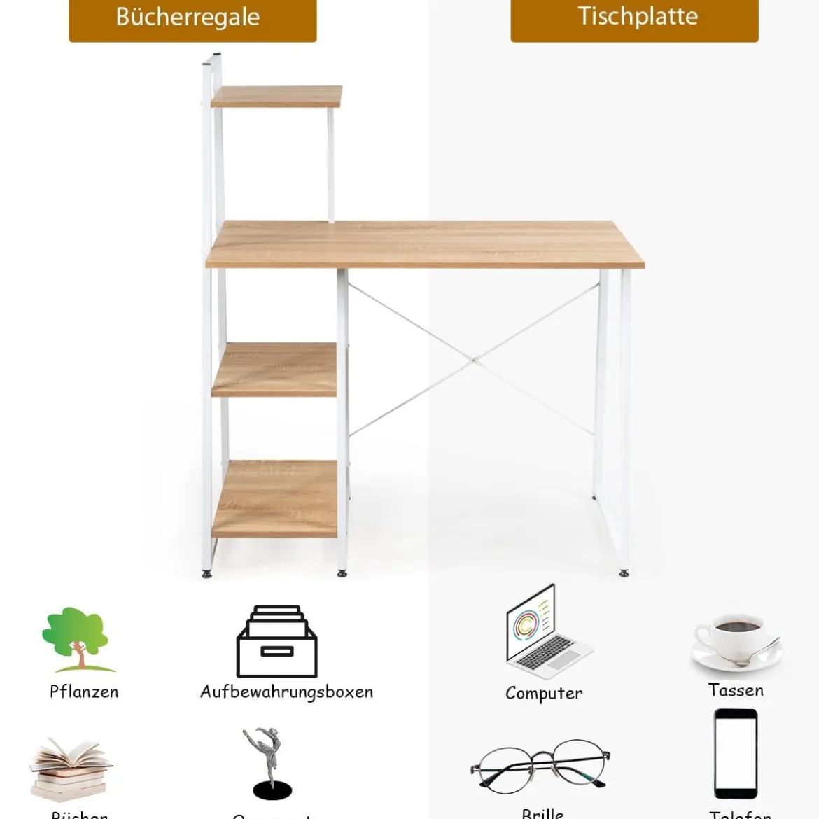 Computertisch mit 4 Regal Schreibtisch Holz Metall PC Tisch Bürotisch Arbeitstisch Officetisch fürs Büro