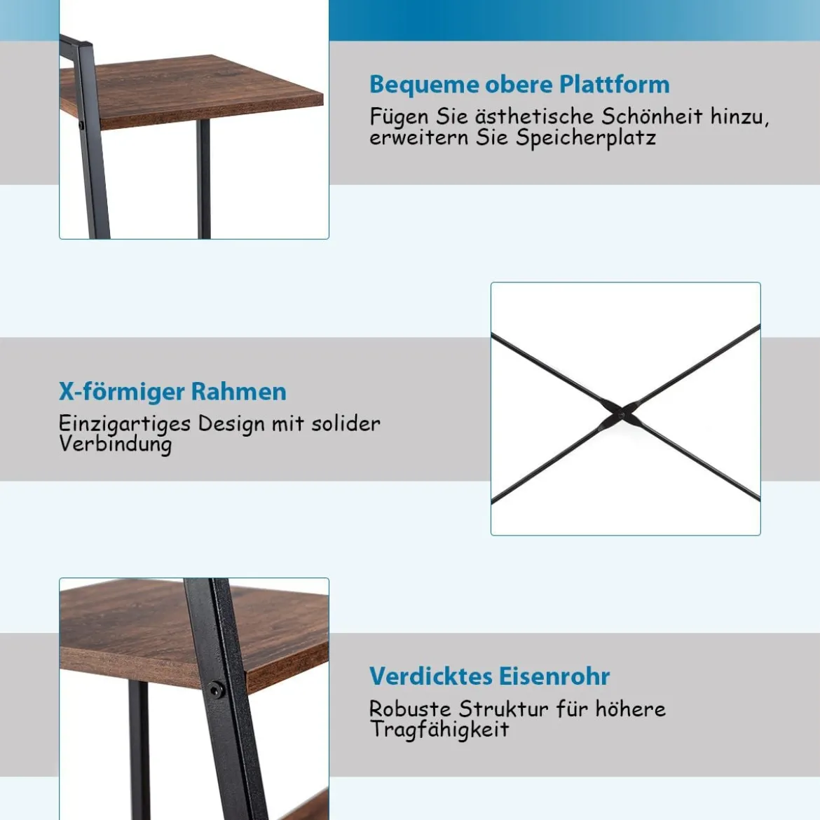 Computertisch mit 4 Regal Schreibtisch aus Holz & Metall mit Ablageflächen 98 x 50 x 118 cm Braun + Schwarz