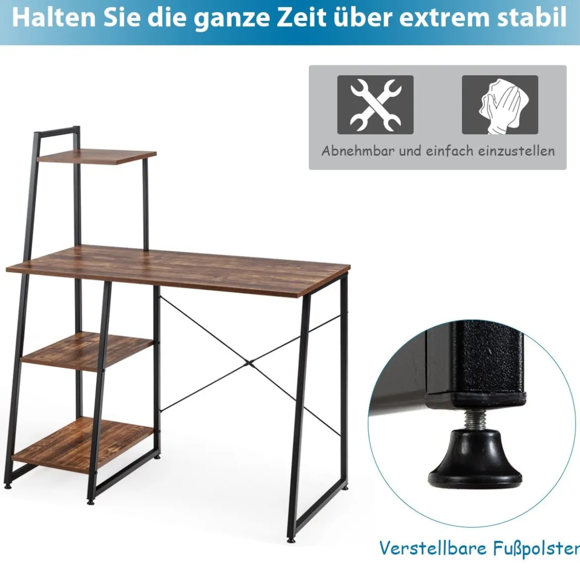 Computertisch mit 4 Regal Schreibtisch aus Holz & Metall mit Ablageflächen 98 x 50 x 118 cm Braun + Schwarz