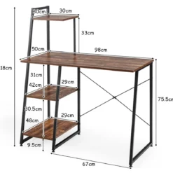 Computertisch mit 4 Regal Schreibtisch aus Holz & Metall mit Ablageflächen 98 x 50 x 118 cm Braun + Schwarz