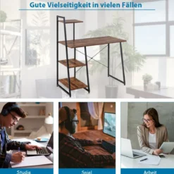 Computertisch mit 4 Regal Schreibtisch aus Holz & Metall mit Ablageflächen 98 x 50 x 118 cm Braun + Schwarz