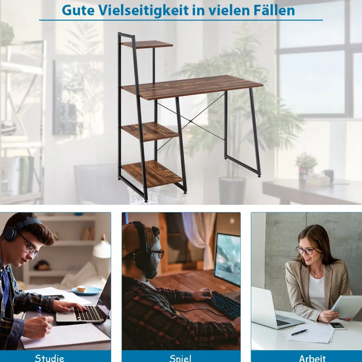 Computertisch mit 4 Regal Schreibtisch aus Holz & Metall mit Ablageflächen 98 x 50 x 118 cm Braun + Schwarz