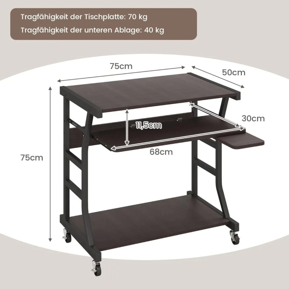 Computertisch mit Rollen & Ausziehbarer Tastaturablage & Mausablage PC-Tisch Braun