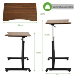 Computertisch mit 4 Rollen Höhenverstellbarer Schreibtisch 95 x 52 x 70 - 107 cm Braun