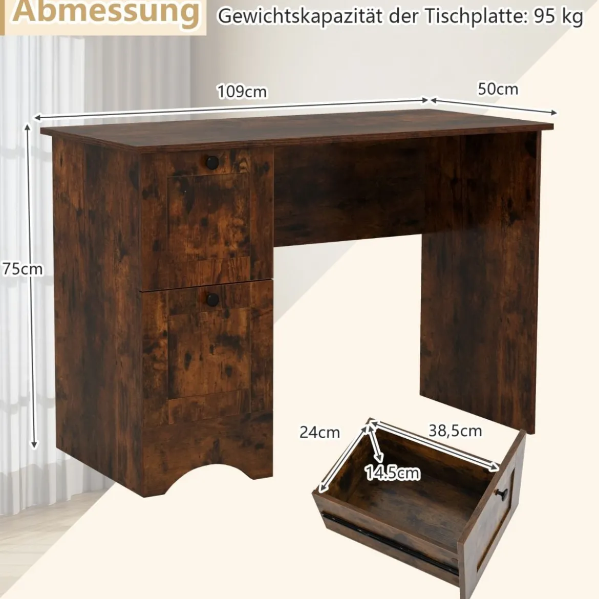 Computertisch mit 2 Schubladen Schreibtisch Robuster Gaming-Tisch Schminktisch Laptoptisch