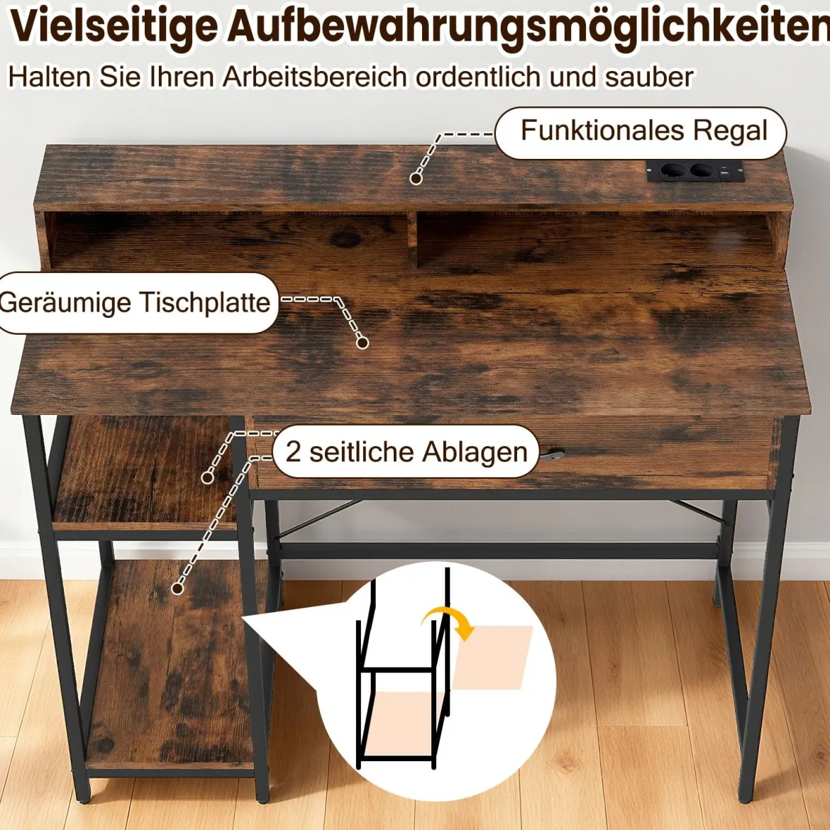 Computertisch mit Steckdosen Homeoffice-Schreibtisch mit Aufsatz Schublade & 2 offenen Regalen Rustikales Braun