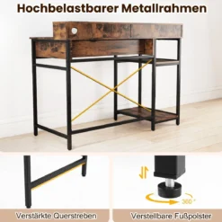 Computertisch mit Steckdosen Homeoffice-Schreibtisch mit Aufsatz Schublade & 2 offenen Regalen Rustikales Braun