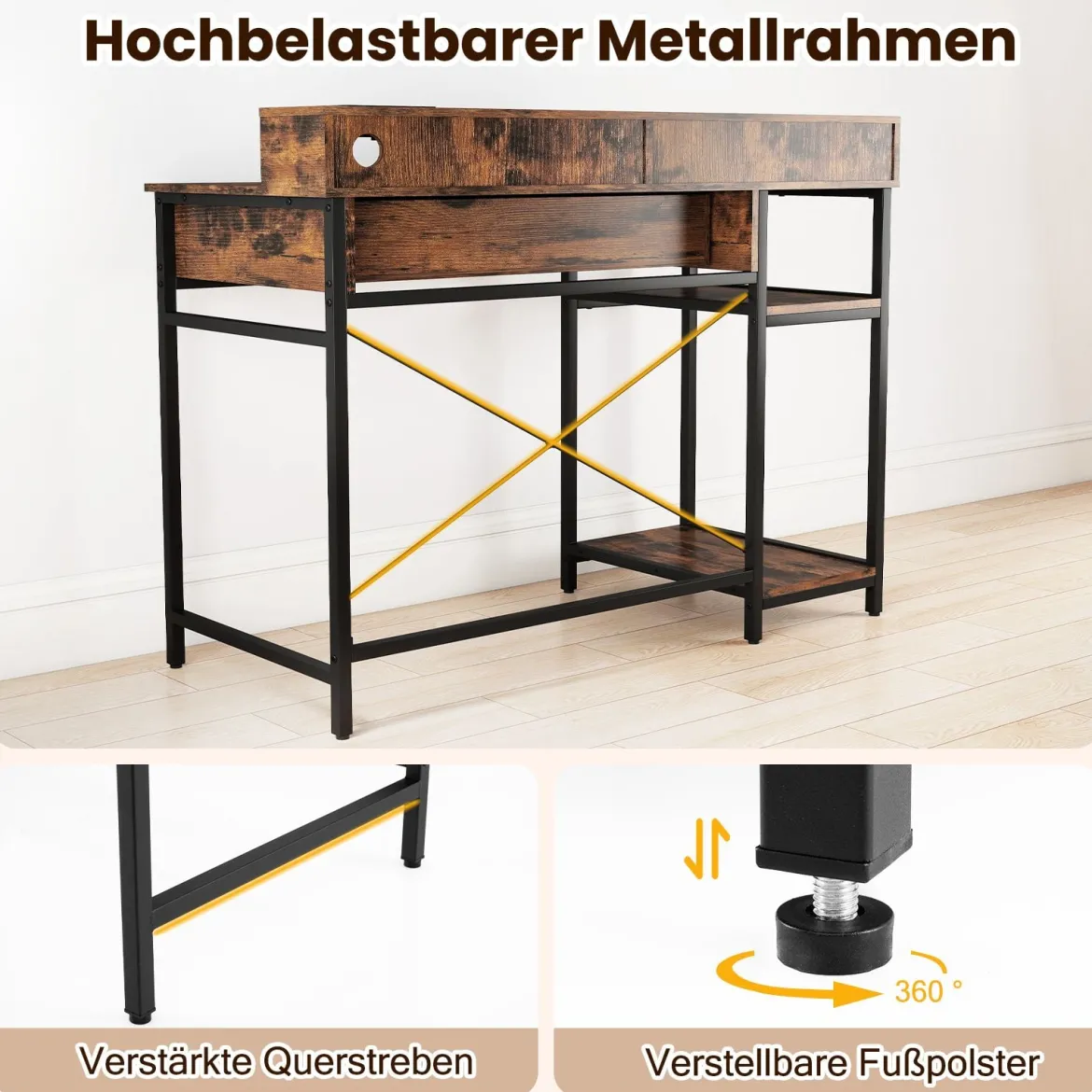 Computertisch mit Steckdosen Homeoffice-Schreibtisch mit Aufsatz Schublade & 2 offenen Regalen Rustikales Braun