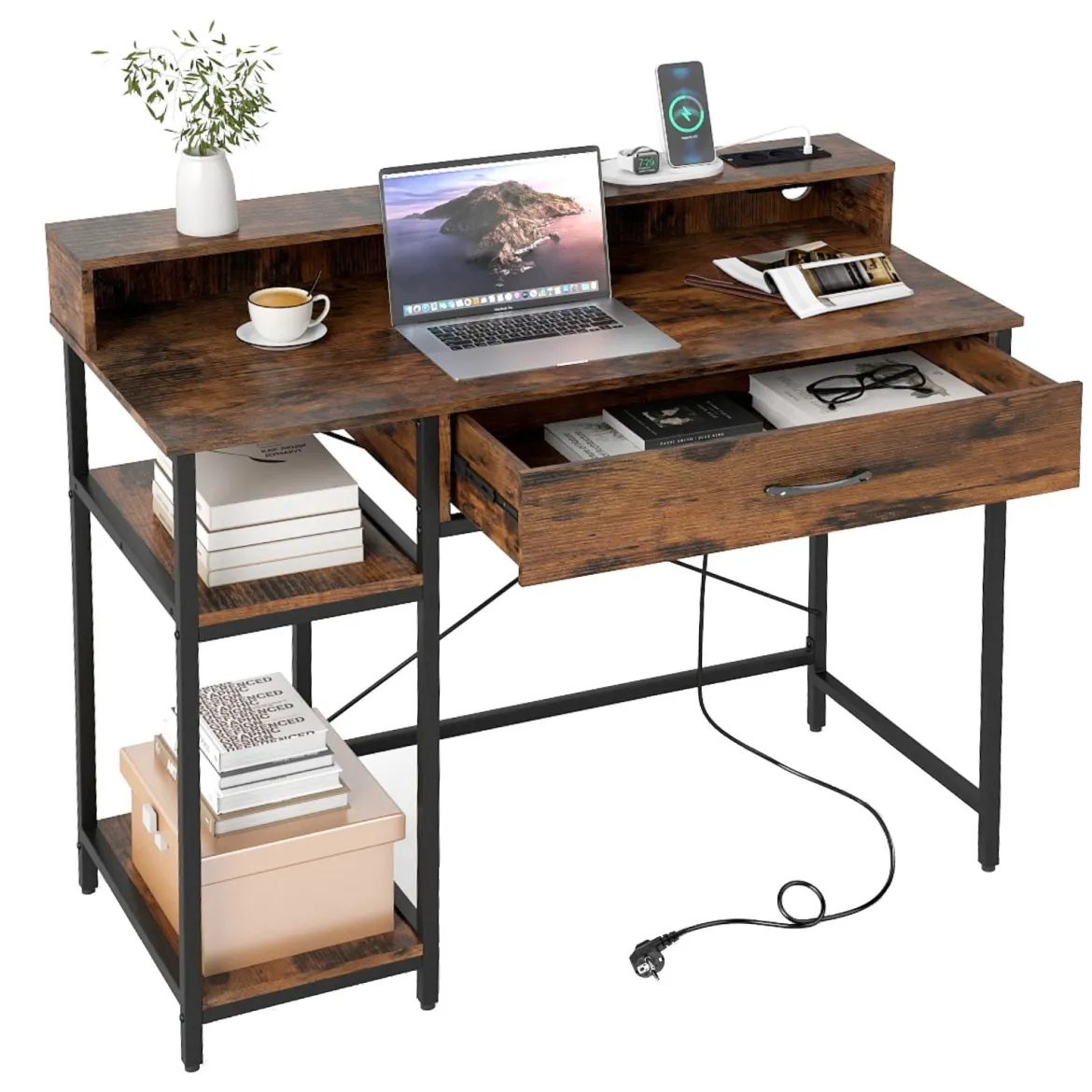Computertisch mit Steckdosen Homeoffice-Schreibtisch mit Aufsatz Schublade & 2 offenen Regalen Rustikales Braun