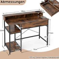 Computertisch mit Steckdosen Homeoffice-Schreibtisch mit Aufsatz Schublade & 2 offenen Regalen Rustikales Braun