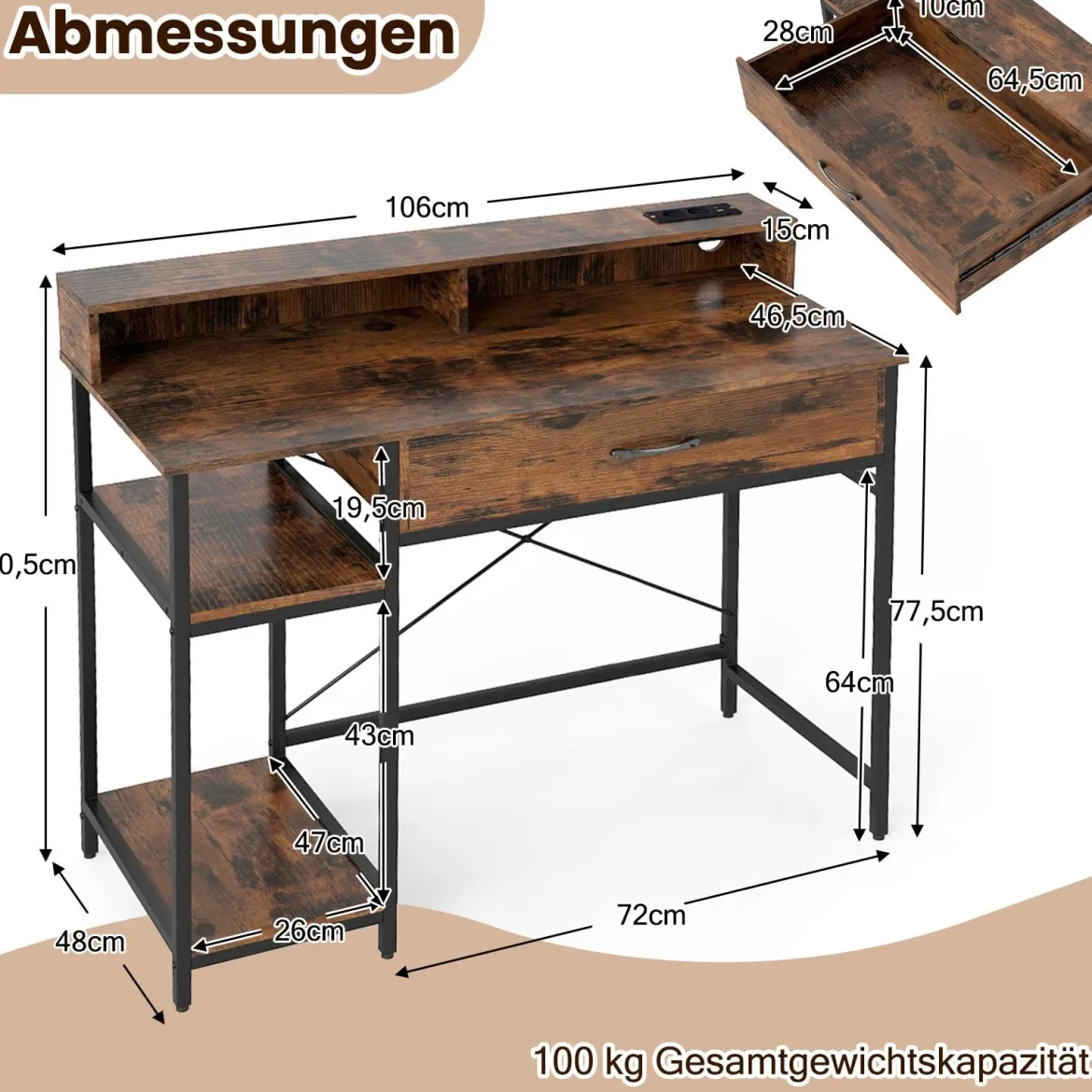 Computertisch mit Steckdosen Homeoffice-Schreibtisch mit Aufsatz Schublade & 2 offenen Regalen Rustikales Braun