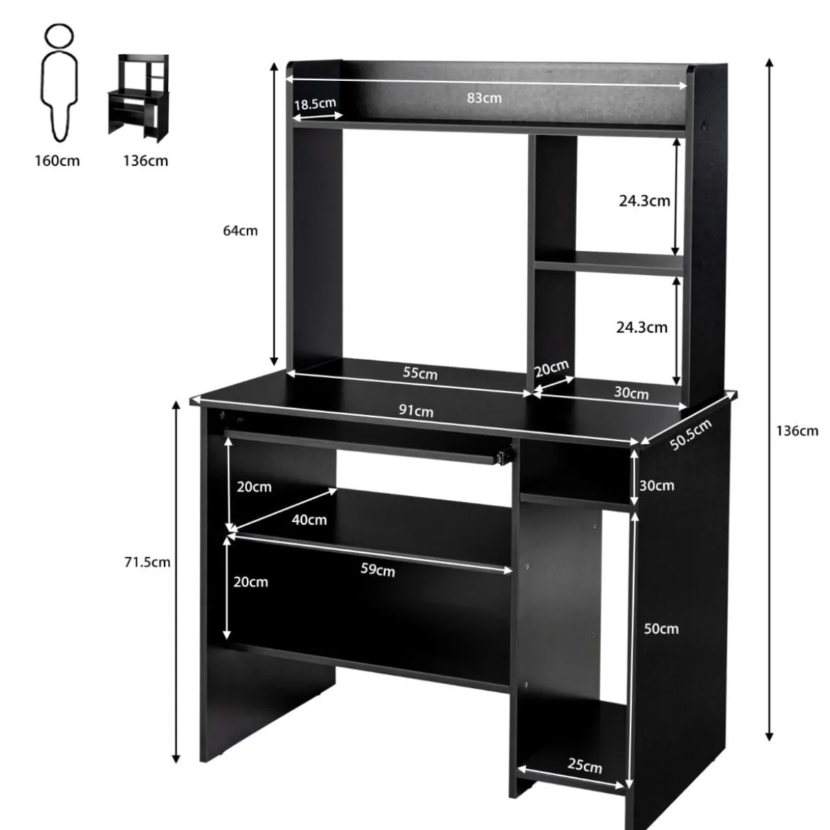 Computertisch Schreibtisch mit Bücherregal & Tastaturablage 91 x 50,5 x 136 cm Schwarz