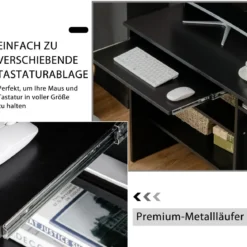 Computertisch Schreibtisch mit Bücherregal & Tastaturablage 91 x 50,5 x 136 cm Schwarz