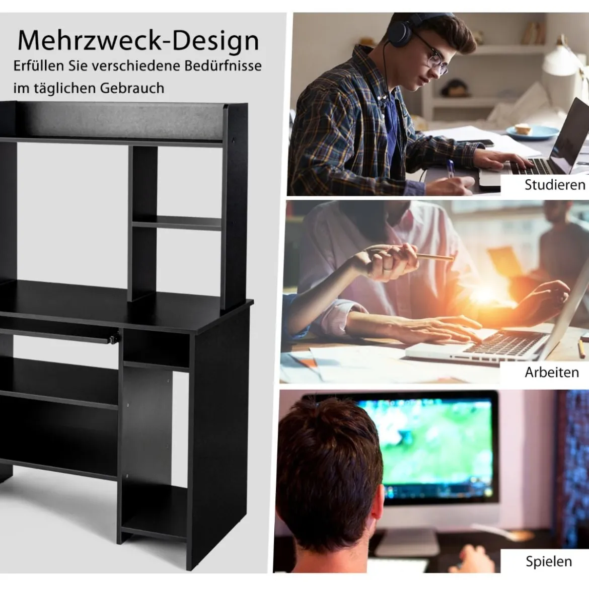 Computertisch Schreibtisch mit Bücherregal & Tastaturablage 91 x 50,5 x 136 cm Schwarz