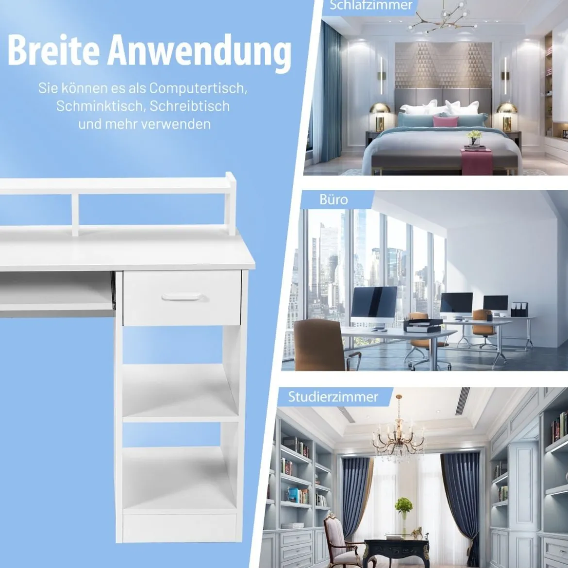 Computertisch Schreibtisch mit Aufbewahrungsschublade & Regal-Aufsatz 90 x 48 x 91,5 cm Weiß