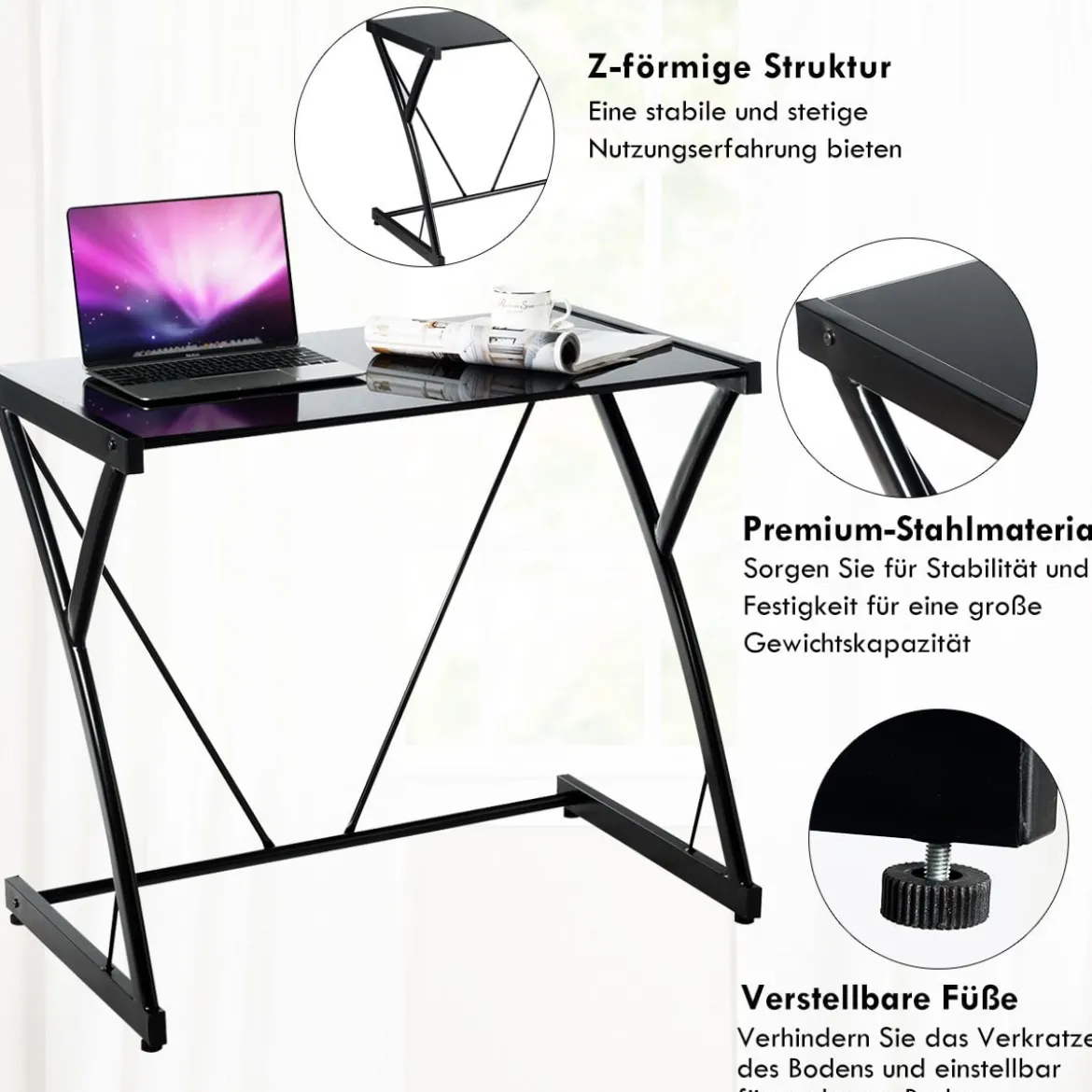 Computertisch Schreibtisch mit gehärteter Glasplatte Z-förmige Struktur 80 x 50 x 70,5 cm Schwarz