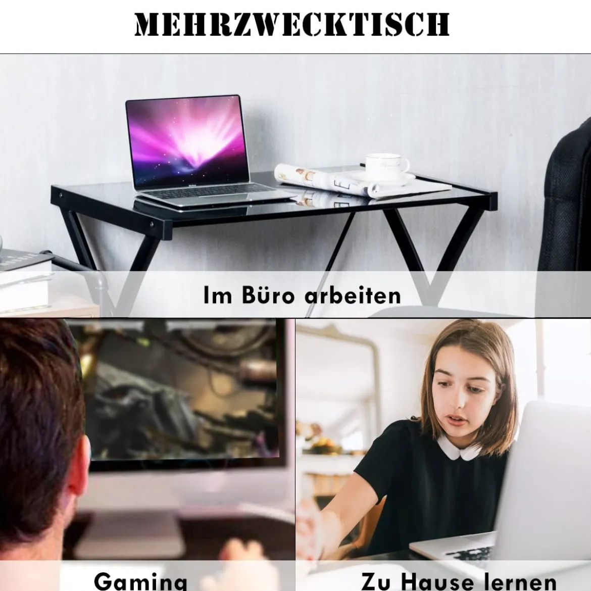 Computertisch Schreibtisch mit gehärteter Glasplatte Z-förmige Struktur 80 x 50 x 70,5 cm Schwarz