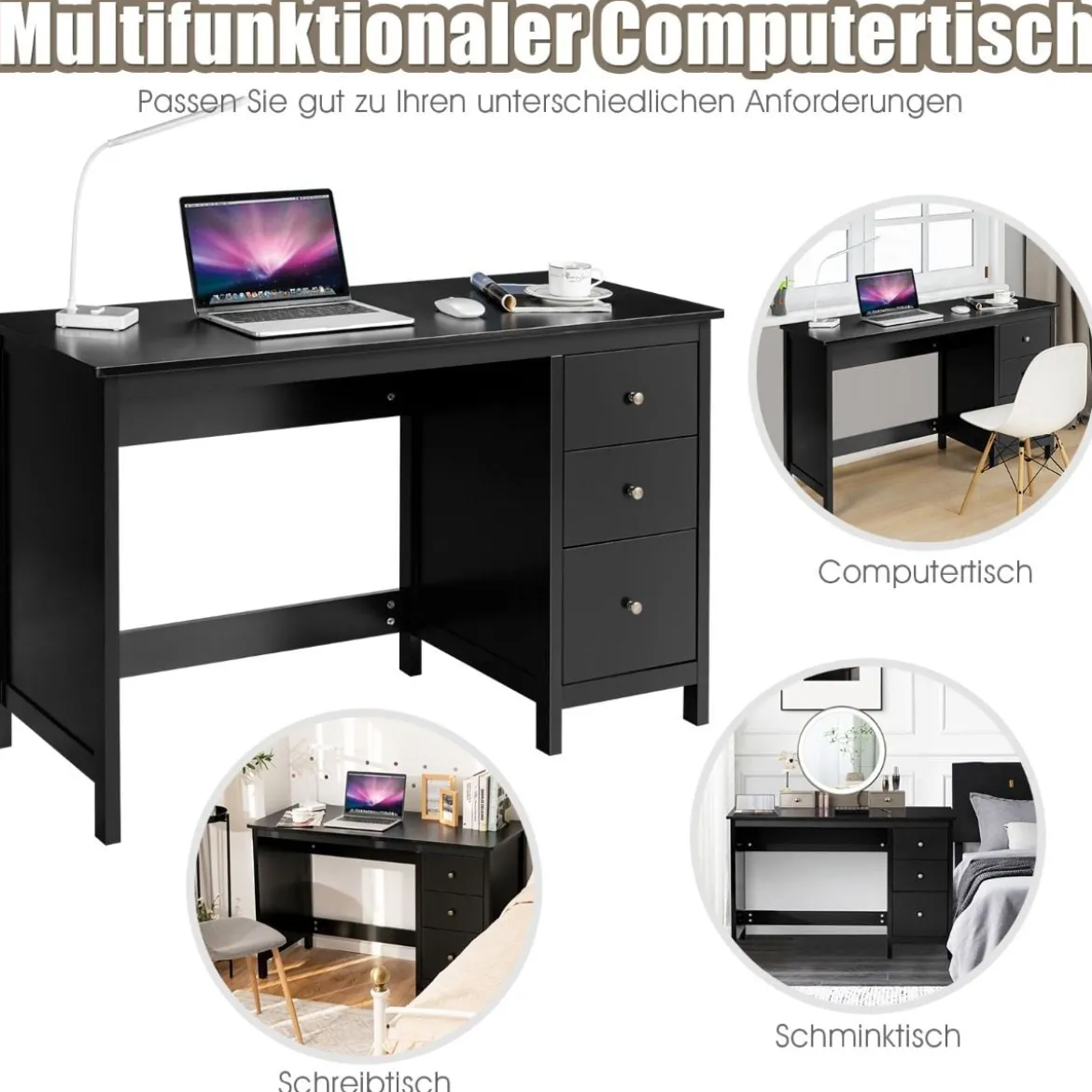 Computertisch Schreibtisch mit Schubladen Mehrzweck PC Tisch Arbeitstisch 120 x 50 x 75 cm Schwarz