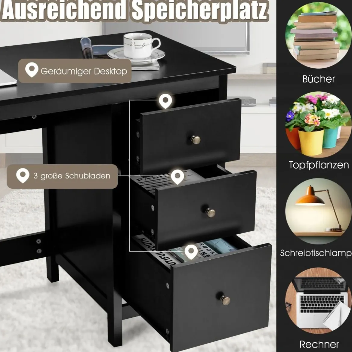 Computertisch Schreibtisch mit Schubladen Mehrzweck PC Tisch Arbeitstisch 120 x 50 x 75 cm Schwarz