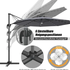 Coswtay Ampelschirm LED Sonnenschirm Outdoor LED Gartenschirm neigbar mit Kreuzständer Grau