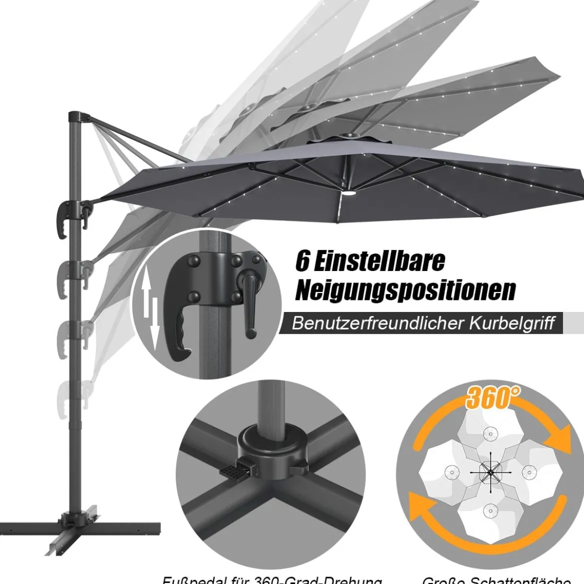 Coswtay Ampelschirm LED Sonnenschirm Outdoor LED Gartenschirm neigbar mit Kreuzständer Grau