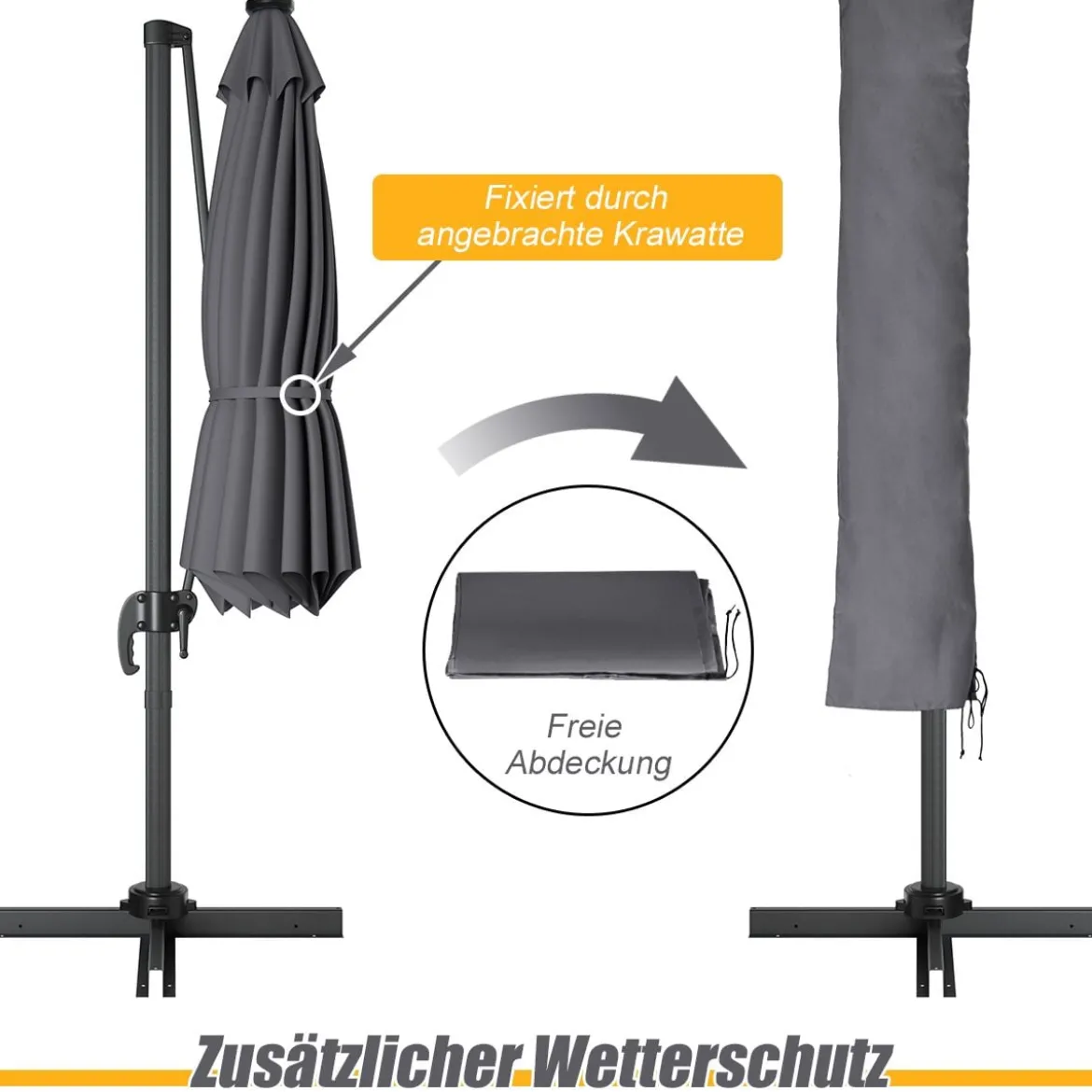 Coswtay Ampelschirm LED Sonnenschirm Outdoor LED Gartenschirm neigbar mit Kreuzständer Grau